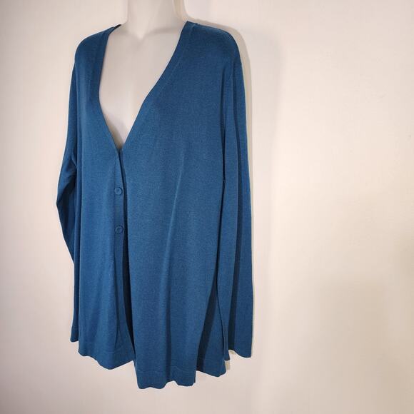 J. Jill Women’s Cardigan Sweater Large Wool Blend Teal V Neck Three Button Knit - Picture 5 of 10